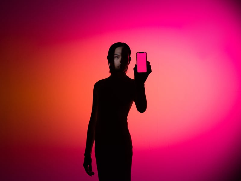 Holo AI Silhouette of Person with Smartphone and Neon Light